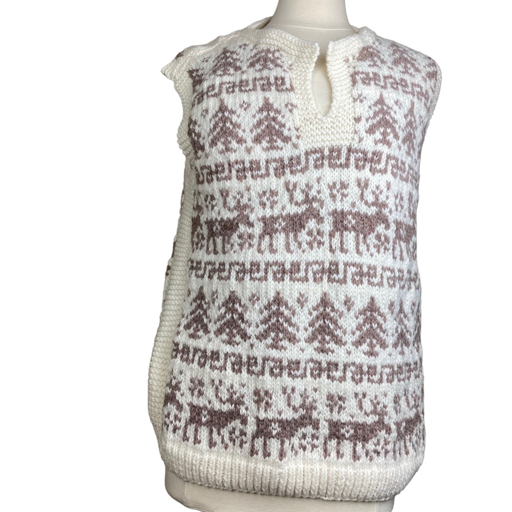 Vintage Fair Isle Knit Sweater Vest Handmade Winter Reindeer Unisex Sz M/L